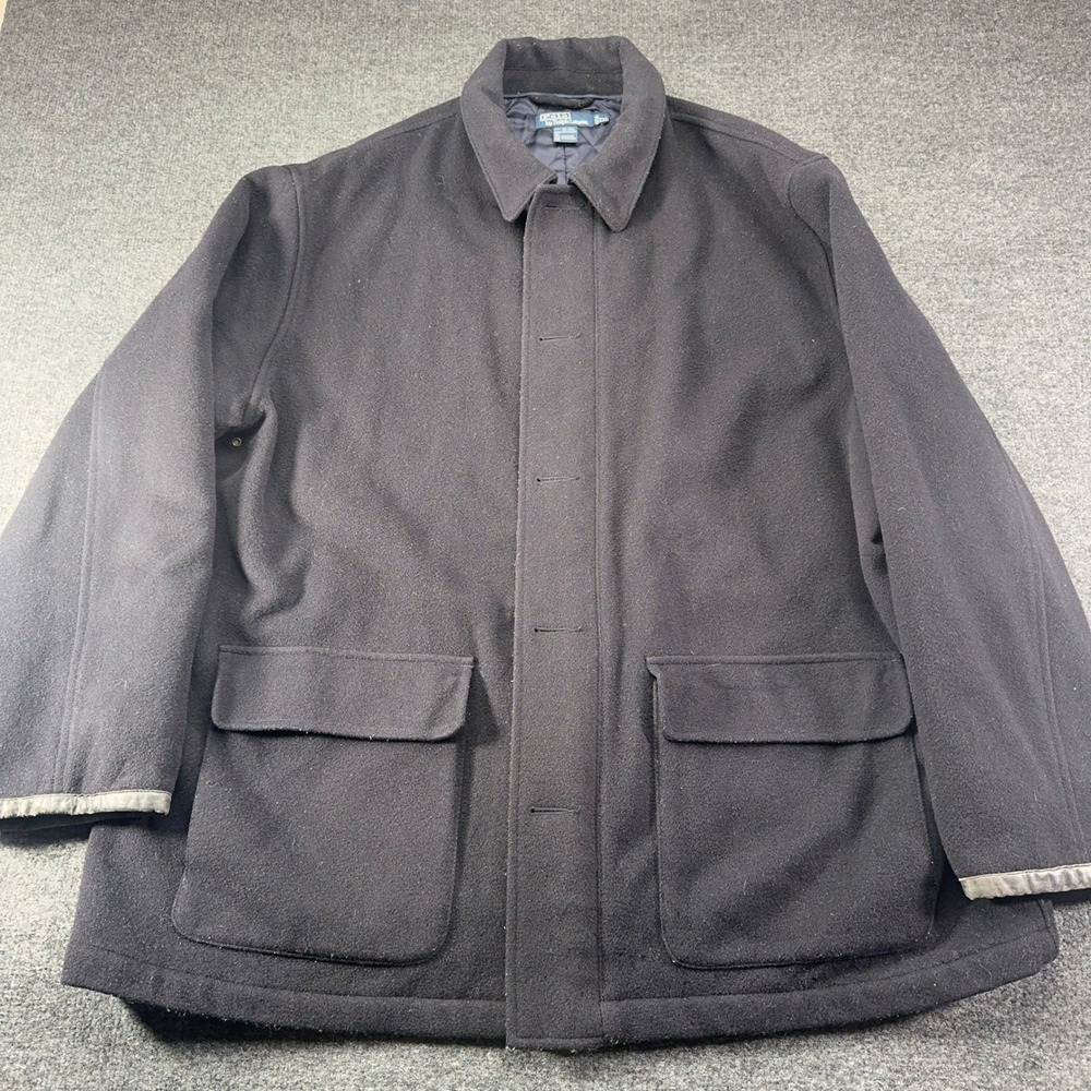 Polo Ralph Lauren Mens XXL Navy Blue Wool Quilted Field Jacket Coat Leather Trim